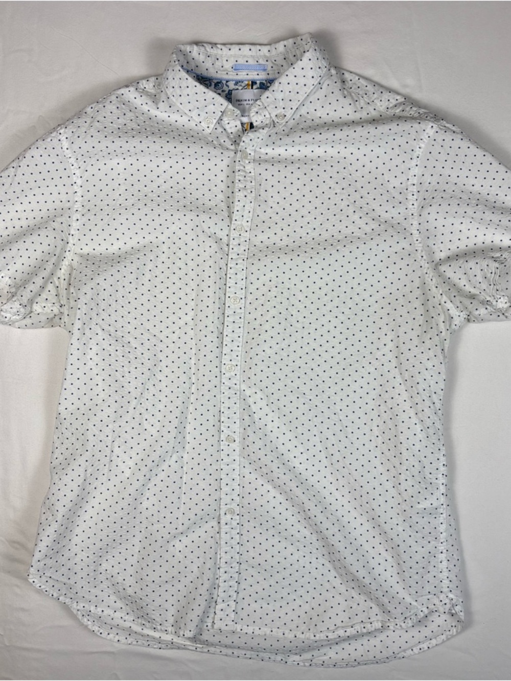 Denim & Flower Ricky Singh Men's L White Navy Polka Dot Cotton Button Up Shirt